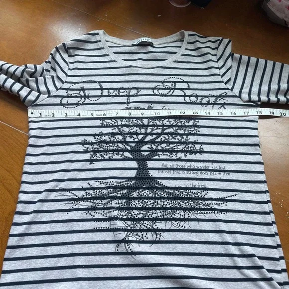 Blouse M Gertie Tan Navy Blue Striped Rhinestone Detail 3/4 Sleeve Cotton Shirt - Picture 3 of 8